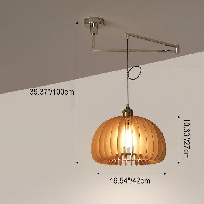 Traditional Vintage Wooden Pumpkin Shade Rocker Arm Telescopic 1-Light Pendant Light For Dining Room