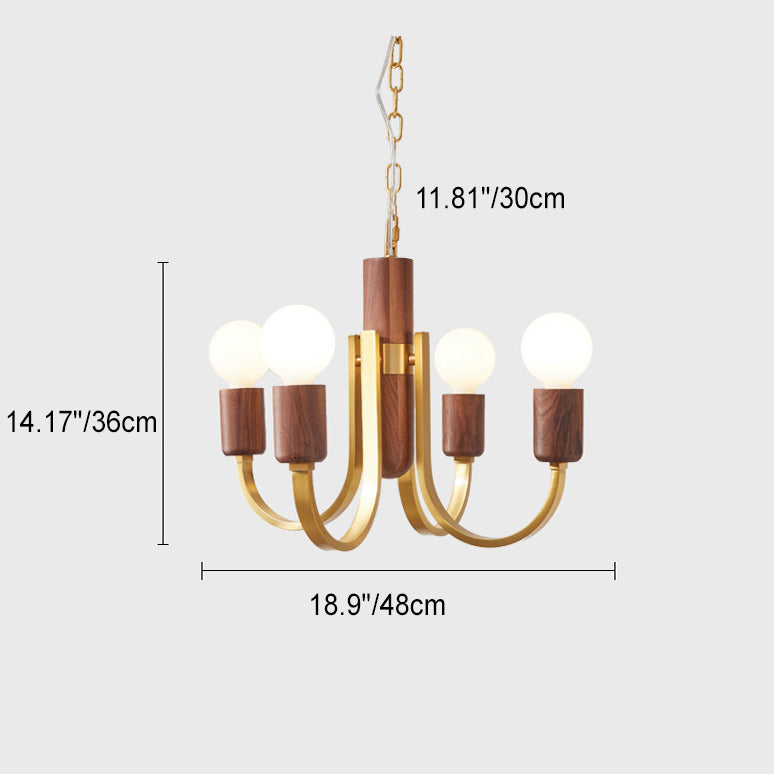 Contemporary Vintage Curved Rod Cylinder Candlestick Shape Copper Wood 3/4/5 Light Chandelier For Living Room
