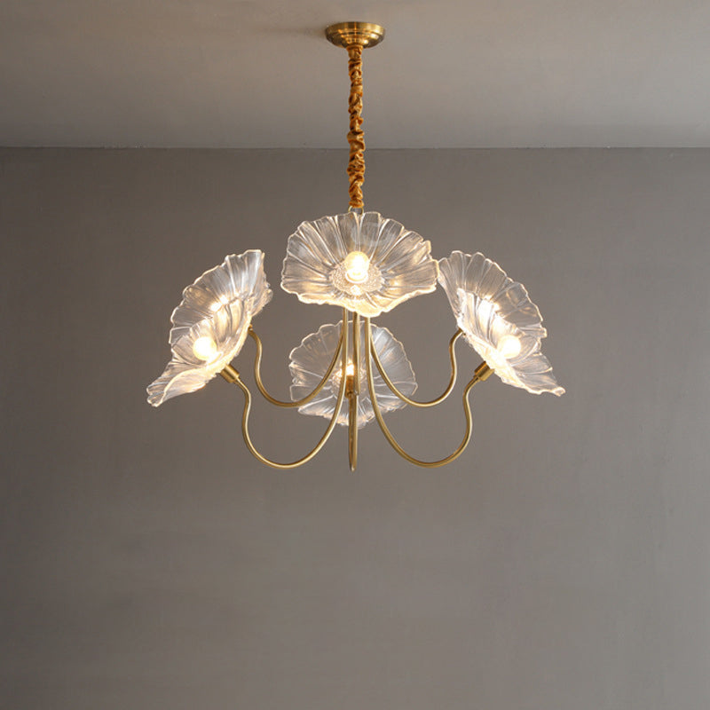Traditional Vintage Gold Finish Frame Flower Glass Shade 6-Light Chandelier For Bedroom