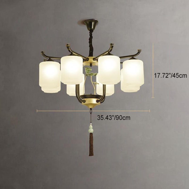 Traditional Chinese Iron Frame Cylinder Glass Shade 6/8/10/12-Light Chandelier For Living Room