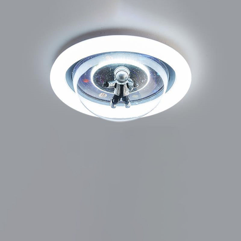 Contemporary Creative Cartoon Planet Resin Astronaut Acrylic Round Shade LED Kids Flush Mount Ceiling Light For Bedroom