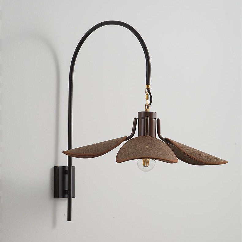 Traditional Japanese Floral Wooden Iron Fabric 1-Light Wall Sconce Lamp For Living Room