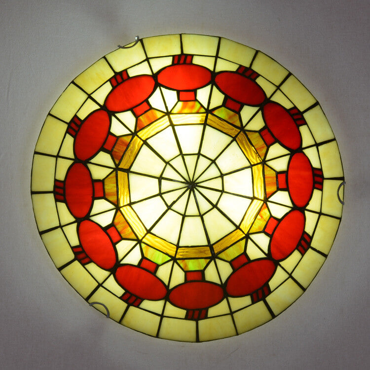 European Stained Glass Tiffany Round Various Pattern Designs 2/3 Light Flush Mount Light