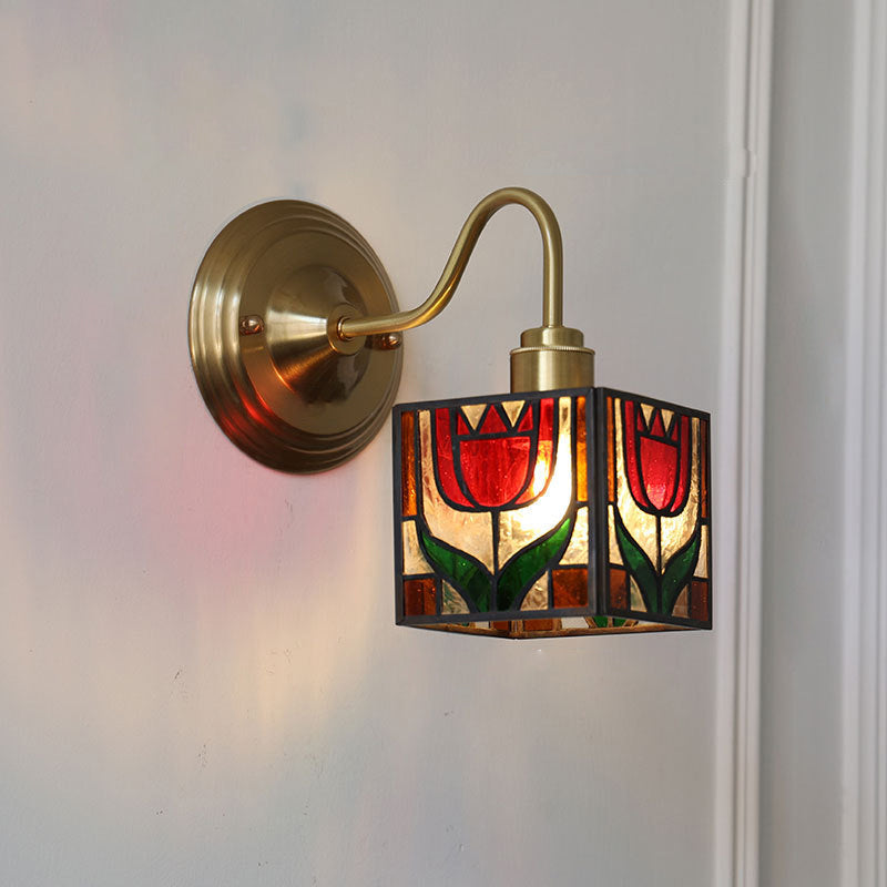 Traditional Vintage Square Rubik's Cube Tulip Brass Glass 1-Light Wall Sconce Lamp For Living Room