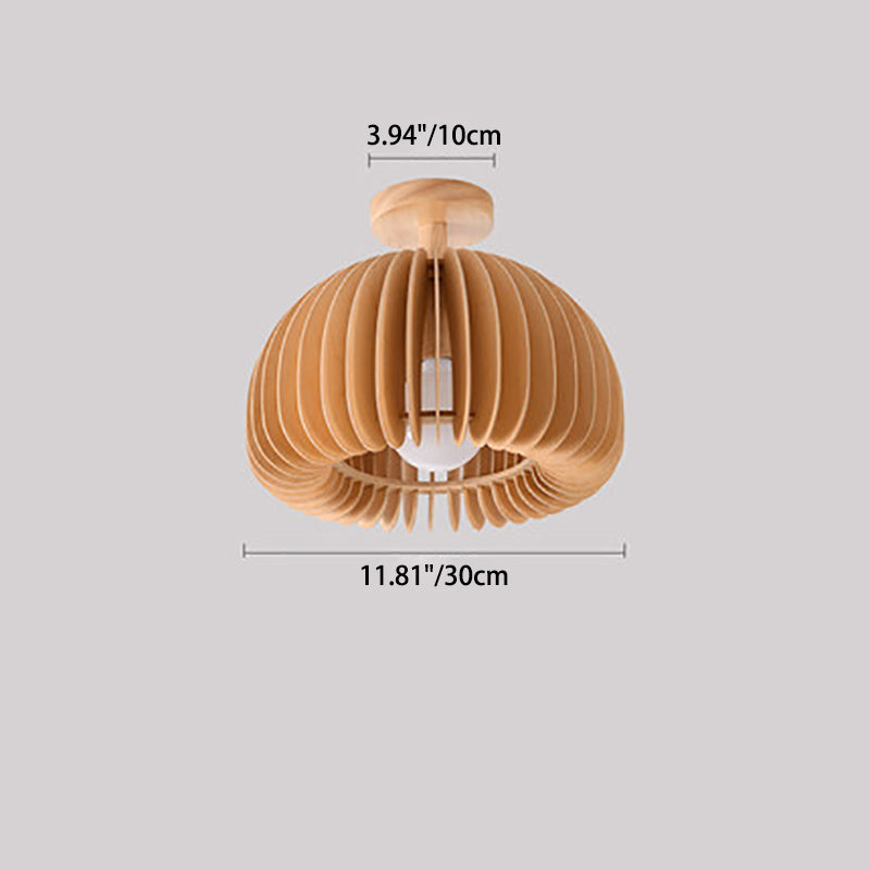 Traditional Japanese Iron Wood Round Grille 1-Light Semi-Flush Mount Ceiling Light For Hallway