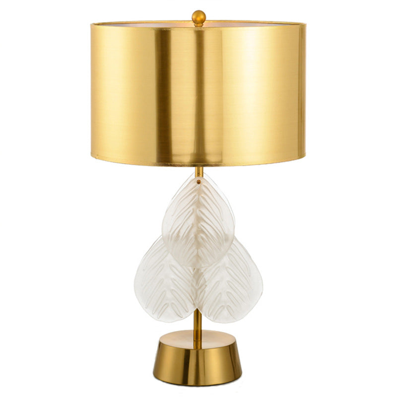Contemporary Luxury Metal Glass Fabric Cylinder Leave 1-Light Table Lamp For Bedside