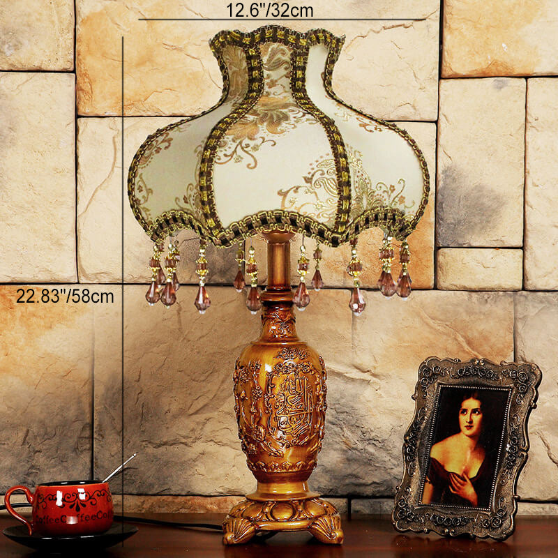 Traditional European Vintage Floral Texture Fabric Pleated Resin Base 1-Light Table Lamp For Home Office