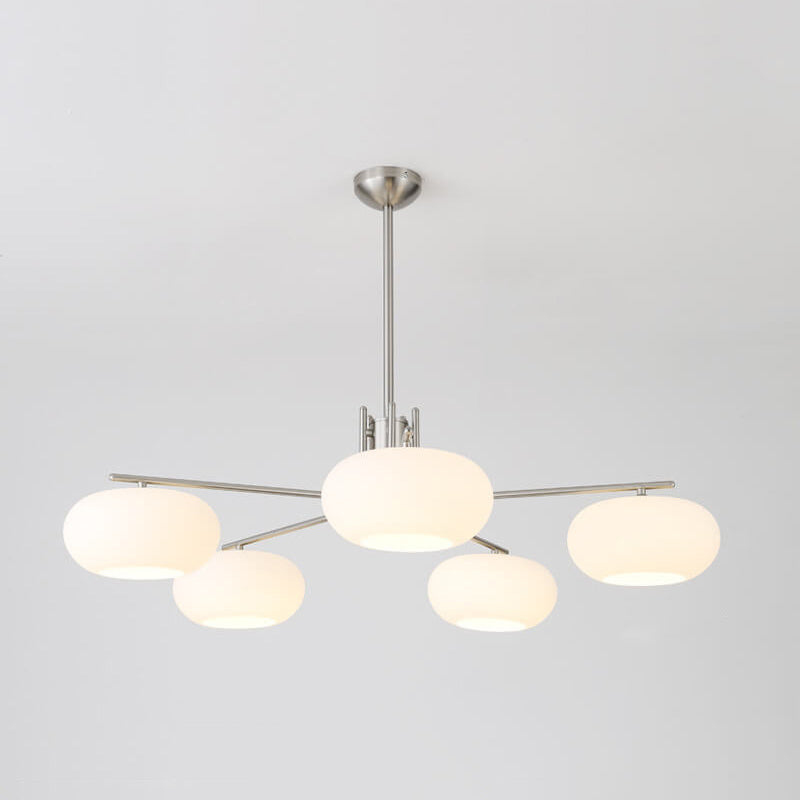 French Minimalist White Dome Glass Shade 5-Light Chandelier