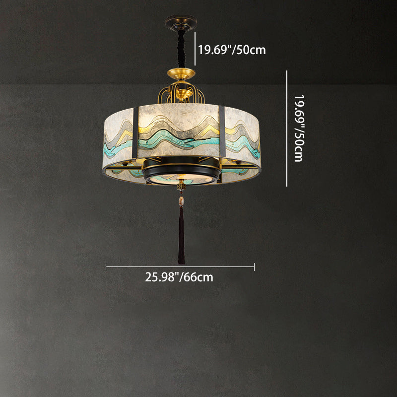 Traditional Chinese Enamel Glass Cylinder Shade Brass Frame 4/6-Light Chandelier For Living Room