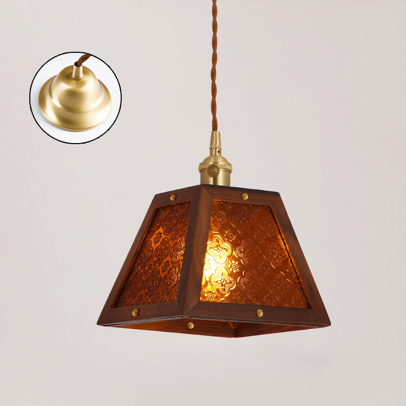 Traditional Chinese Trapezoidal Wood Floral Glass Shade 1-Light Pendant Light For Bedroom