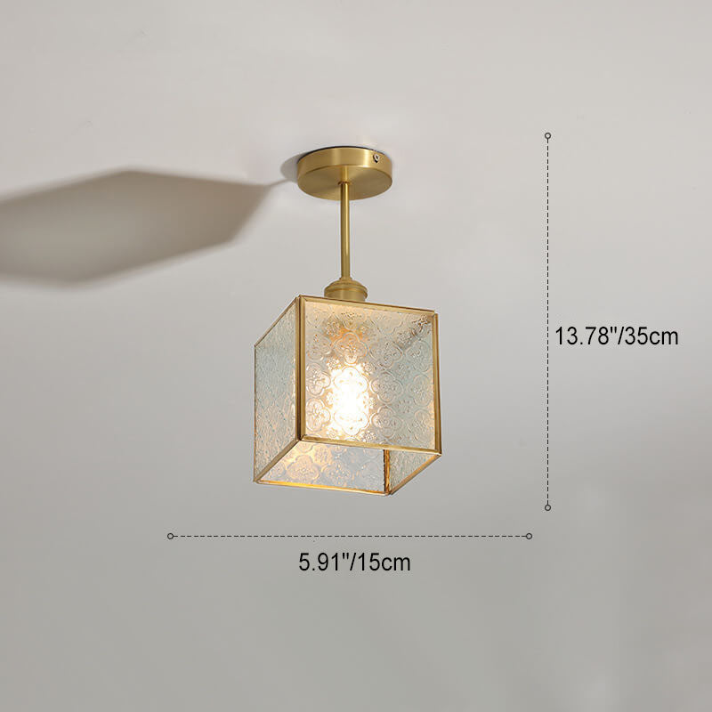 French Vintage Copper Gold Finish Frame Polygonal Glass 1-Light Semi-Flush Mount Ceiling Light