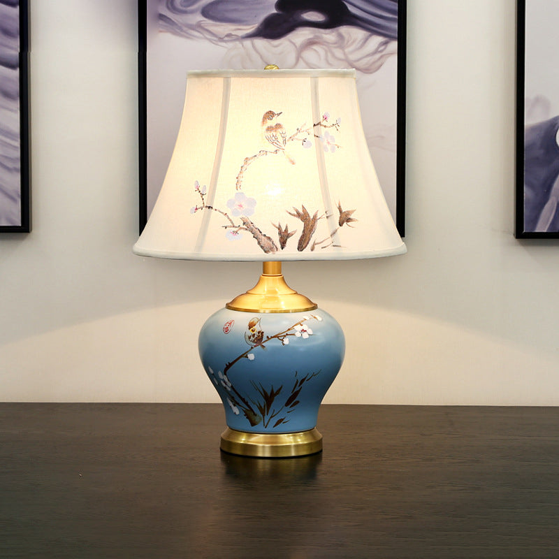 Traditional Chinese Plum Blossom Cylindrical Copper Ceramic Fabric 1-Light Table Lamp For Bedroom