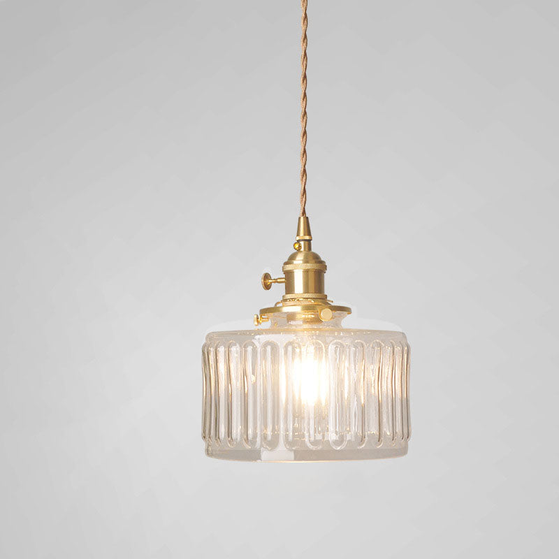 Traditional Vintage Antique Brass Ribbed Glass Cylinder Shade 1-Light Pendant Light For Living Room