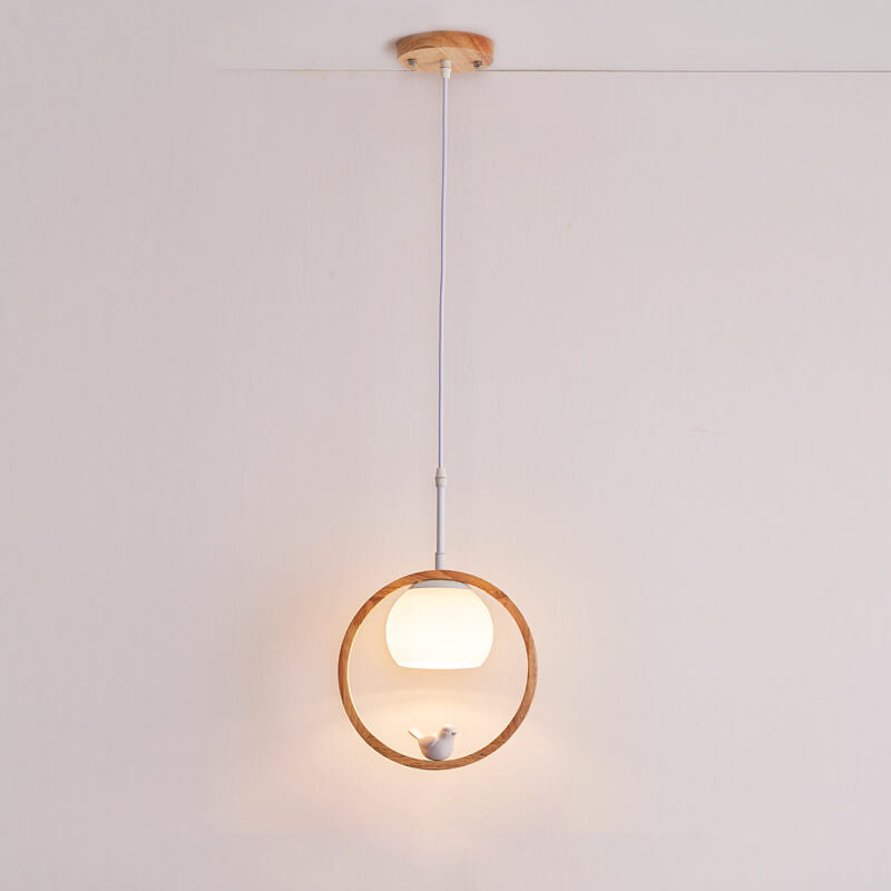 Nordic Minimalist Glass Wood Ring Bird Design 1-Light Pendant Light