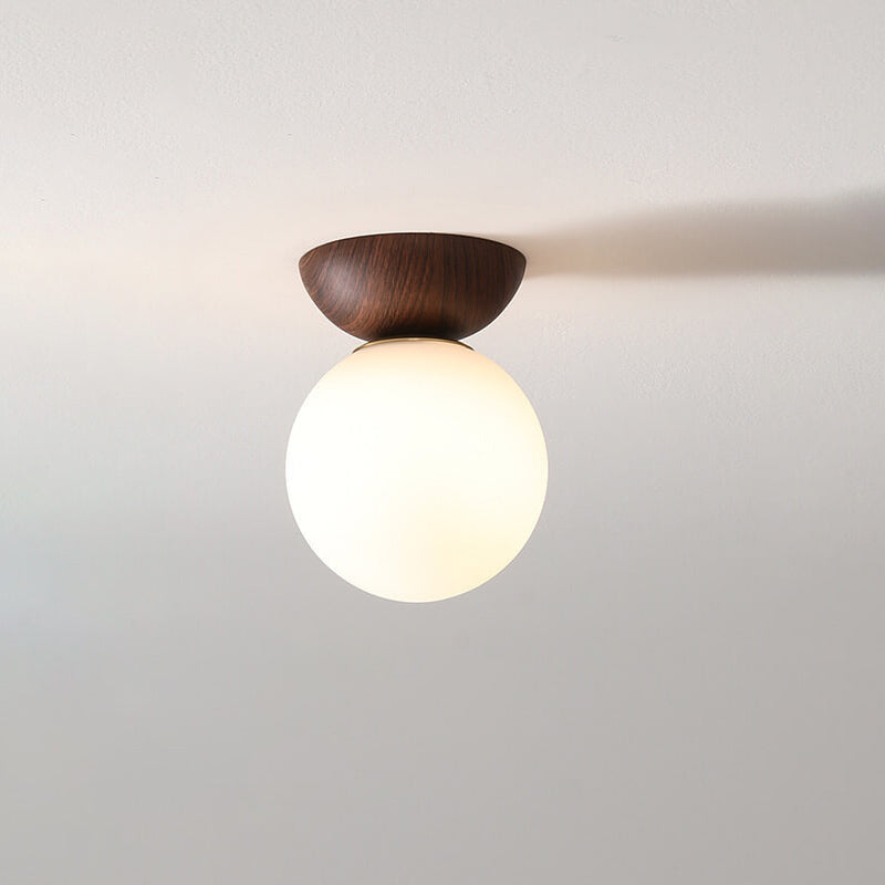 Nordic Japanese Glass Orb Wood Grain Iron 1-Light Ceiling Light