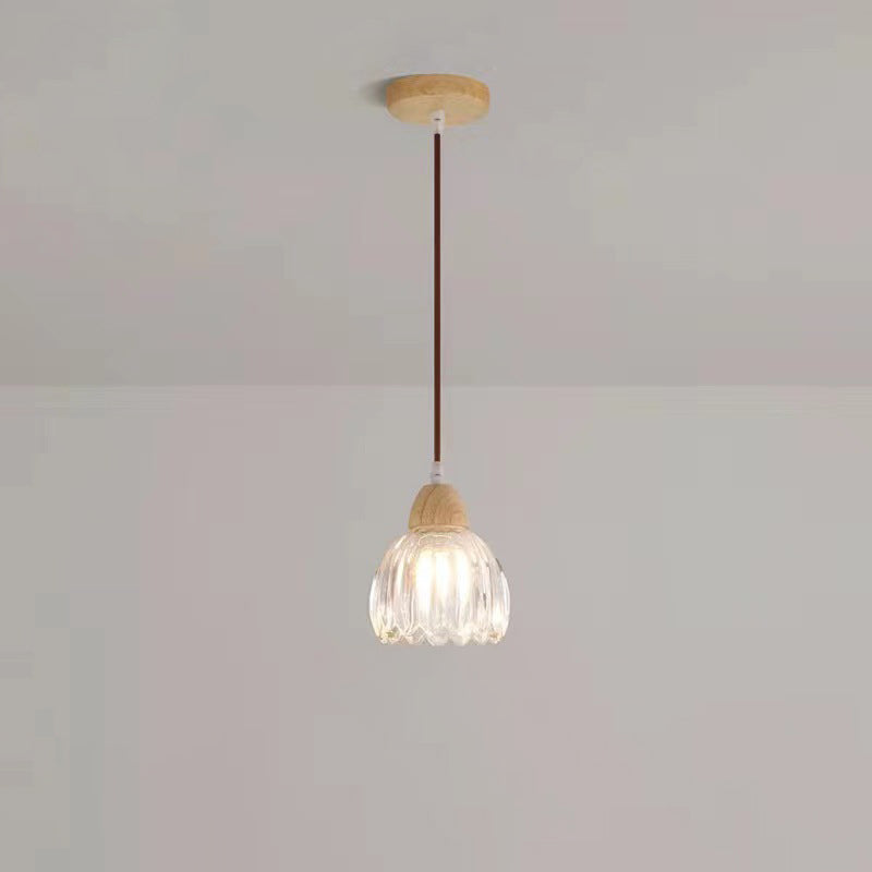 مصباح معلق تقليدي ياباني مصنوع من خشب المطاط والزجاج على شكل زهرة لغرفة الطعام