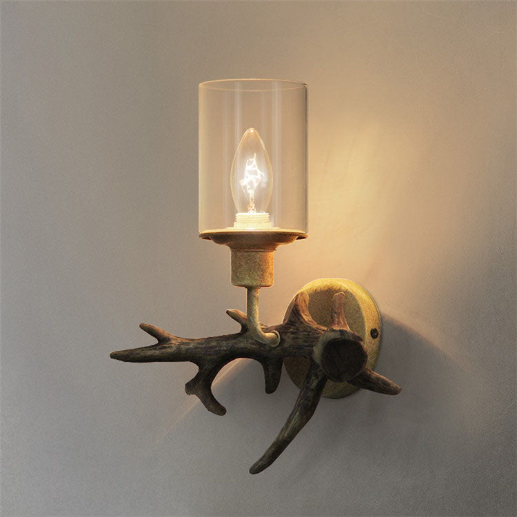 Industrial Vintage Antler Resin Glass Cylinder 1-Light Wall Sconce Lamp