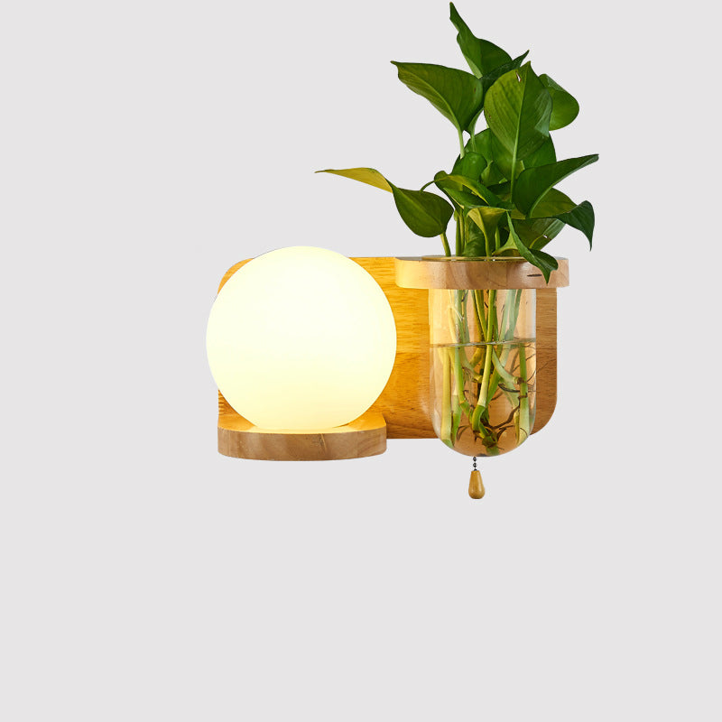 Modern Minimalist Rectangular Cylinder Orb Glass Wood 1-Light Wall Sconce Lamp For Living Room