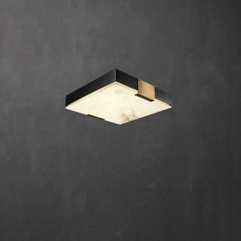 Traditional Chinese Square Marble Shade Brass Frame LED Flush Mount Ceiling Light For Living Room