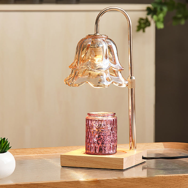 Modern Art Deco Floral Glass Metal Wood 1-Light Melting Wax Table Lamp For Bedroom