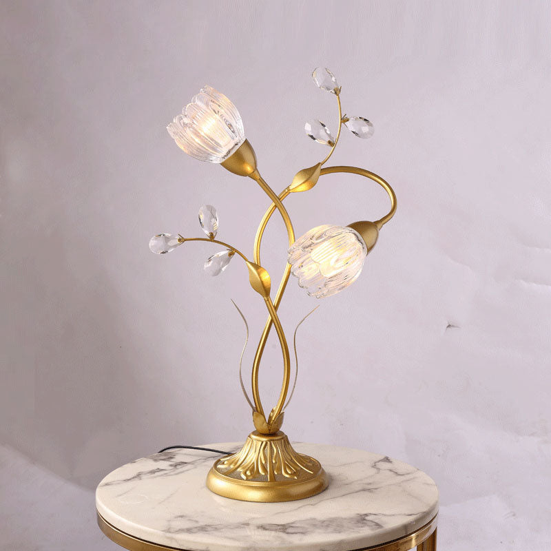 Modern Art Deco Floral Iron Glass 2-Light Table Lamp For Living Room