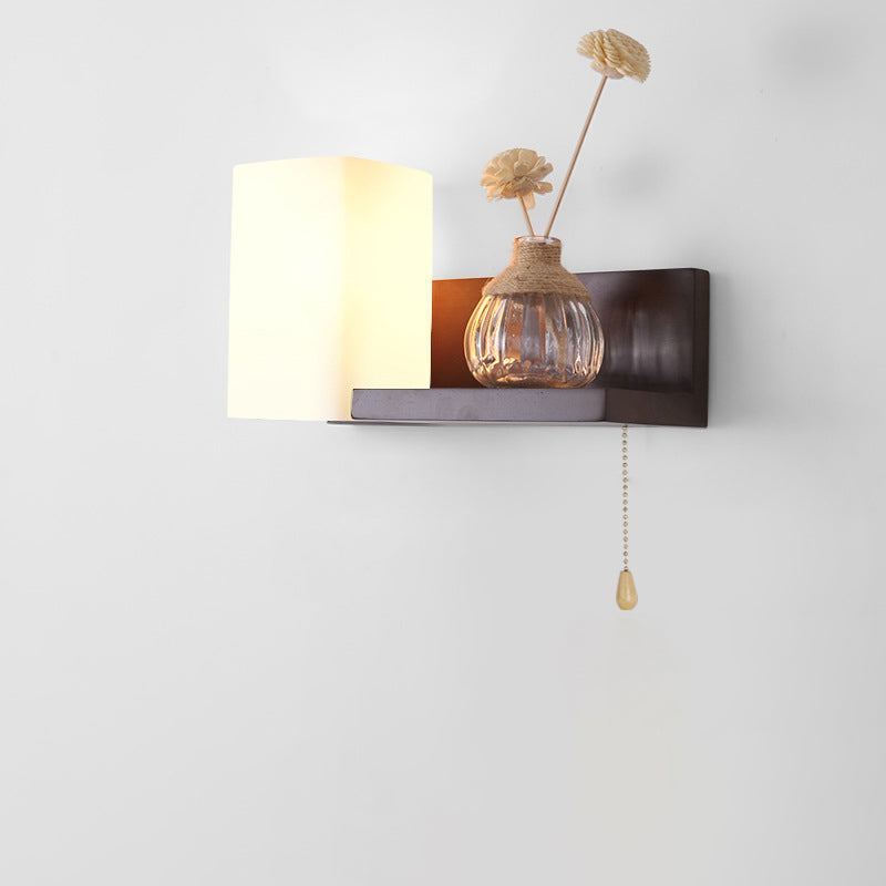 Modern Minimalist Rectangular Square Shelf Wood Glass 1-Light Wall Sconce Lamp For Bedroom