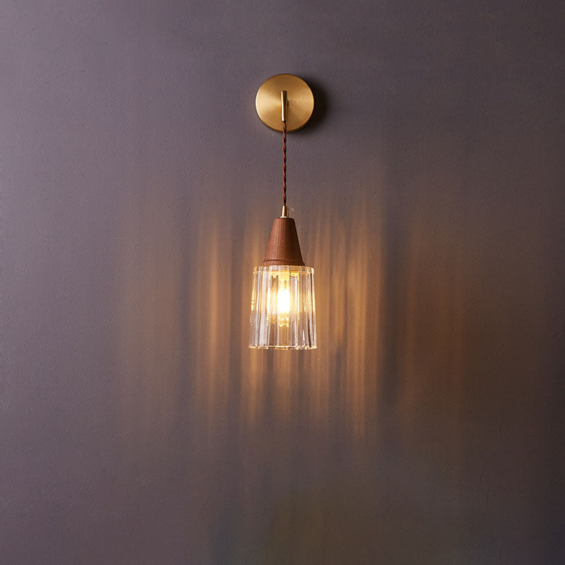 Japanese Walnut Glass Copper Cylinder 1-Light Wall Sconce Lamp
