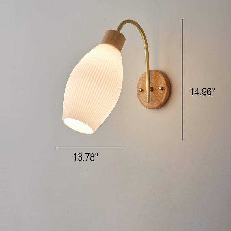 Japanese Minimalist Round Solid Wood Striped Glass 1-Light Wall Sconce Lamp