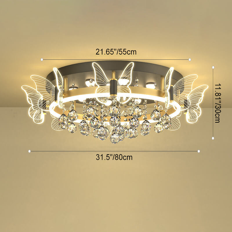 Modern Luxury Radiant Crystal Strings Butterfly Embellishment Round Shade LED Flush Mount Ceiling Light For Living Room