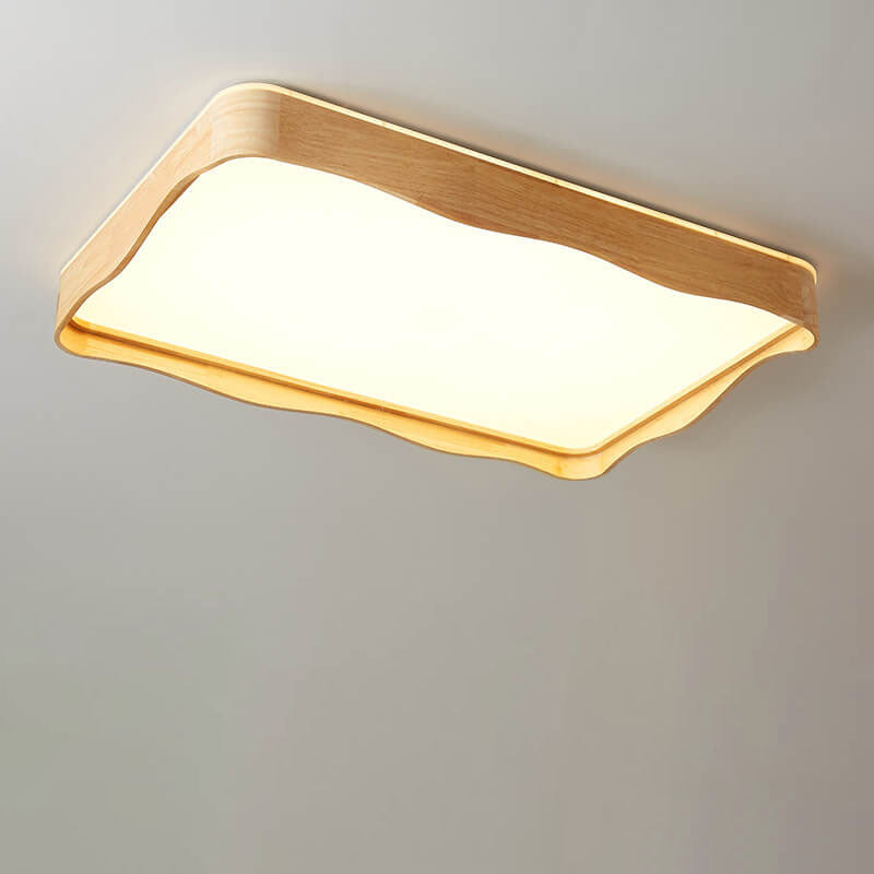 Modern Minimal Wave Rectangular Rubberwood Acrylic LED Flush Mount Lighting