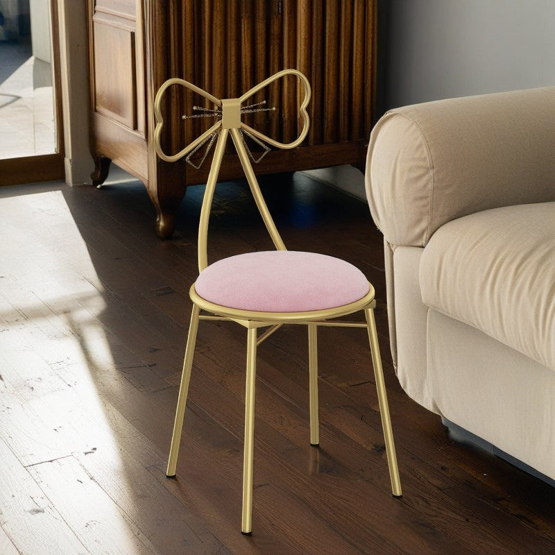 Contemporary Creative Bow Round Upholstered Velvet PU Leather Metal Vanity Stool Backrest For Bedroom