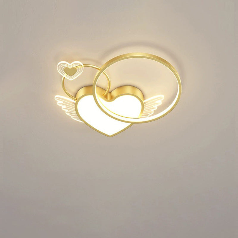 Modern Art Deco Heart Wings Round Acrylic Iron LED Flush Mount Ceiling Light For Bedroom