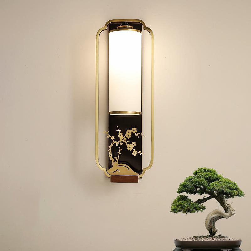 Traditional Chinese Carved Copper Frame Frosted Glass Cylinder Shade 1-Light Wall Sconce Lamp For Living Room