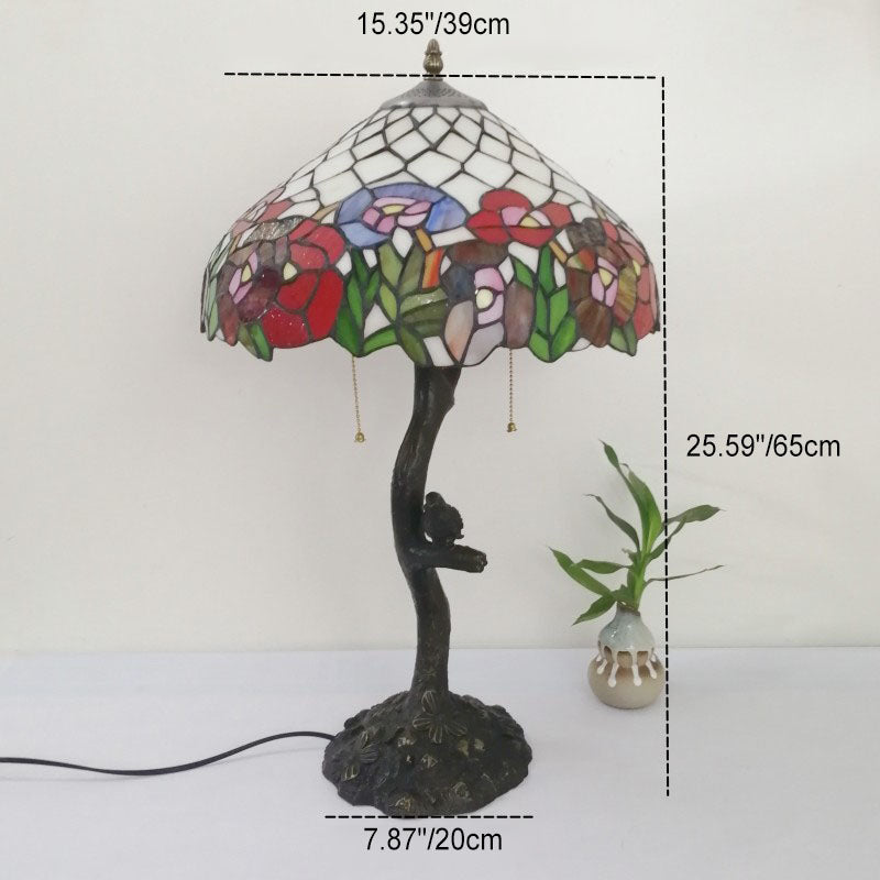 Traditional Tiffany Flower Stained Glass Resin Base 2-Light Table Lamp For Living Room