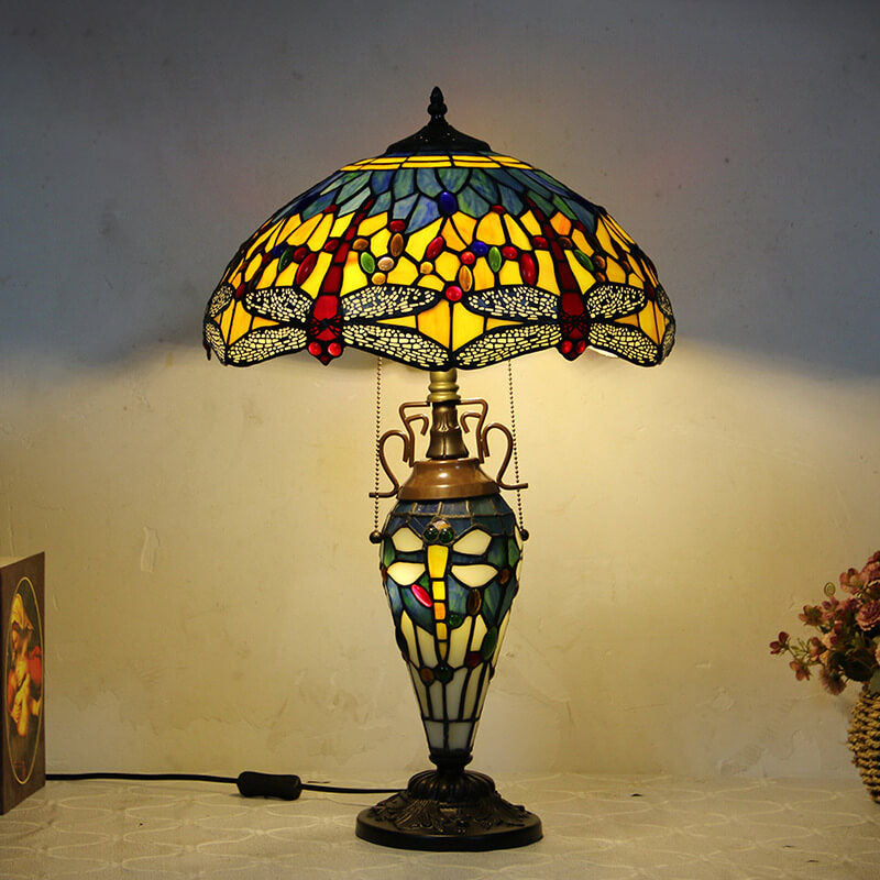 European Tiffany Stained Glass Hexagonal Dome Pull Cord 2-Light Table Lamp