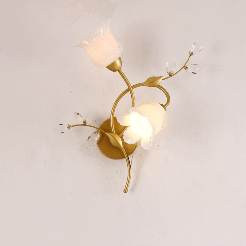Modern Art Deco Flower Hardware Glass Crystal 2-Light Wall Sconce Lamp For Living Room