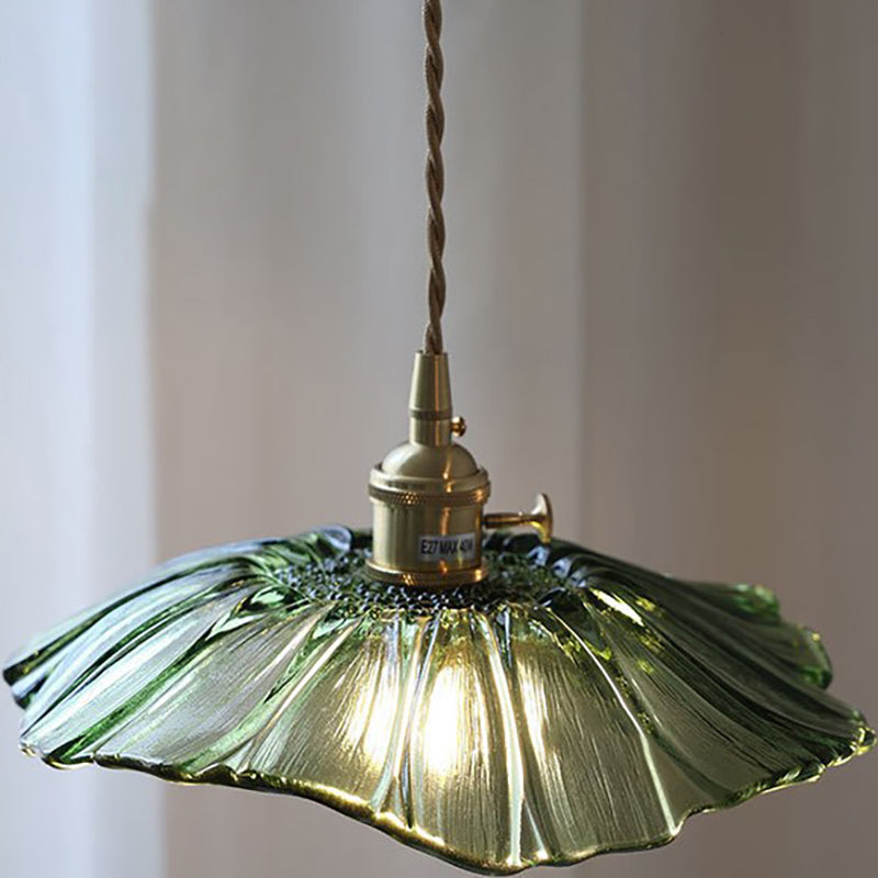 Traditional Vintage Brass Lotus Leaf Glass Shade 1-Light Pendant Light For Living Room