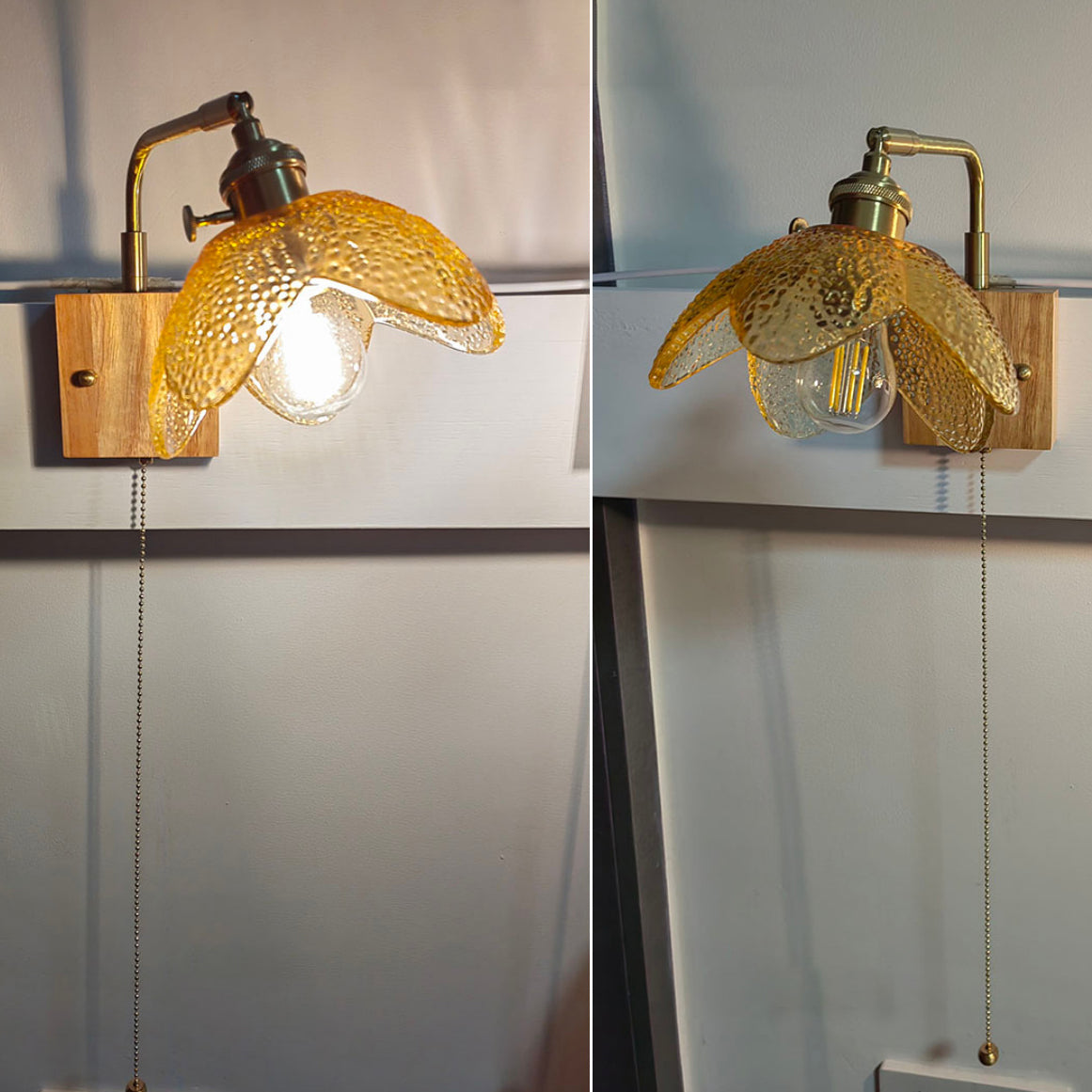 مصباح حائطي ياباني تقليدي مصنوع من الخشب والنحاس والزجاج على شكل زهرة نصف كروية مزود بحبل سحب واحد لوضعه بجانب السرير