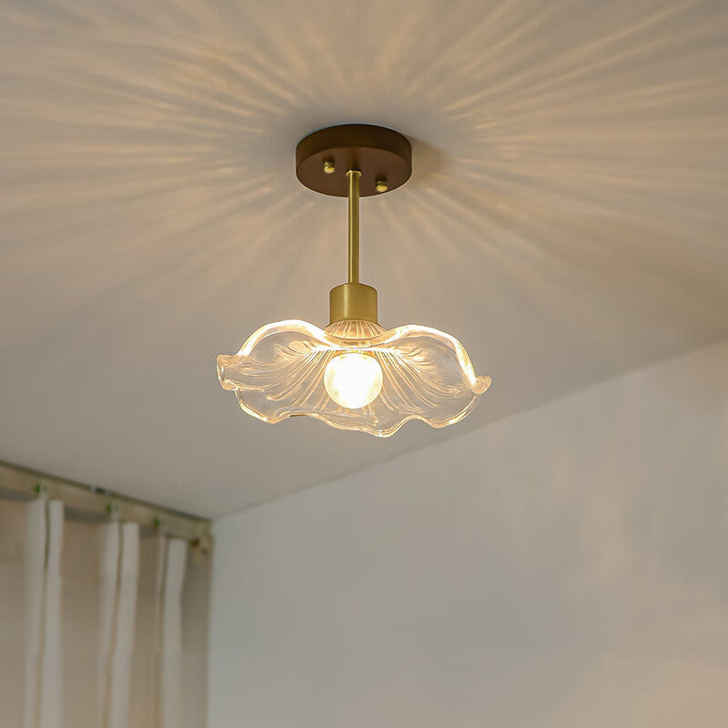 Contemporary Luxury Flower Copper Glass 1-Light Semi-Flush Mount Ceiling Light For Hallway