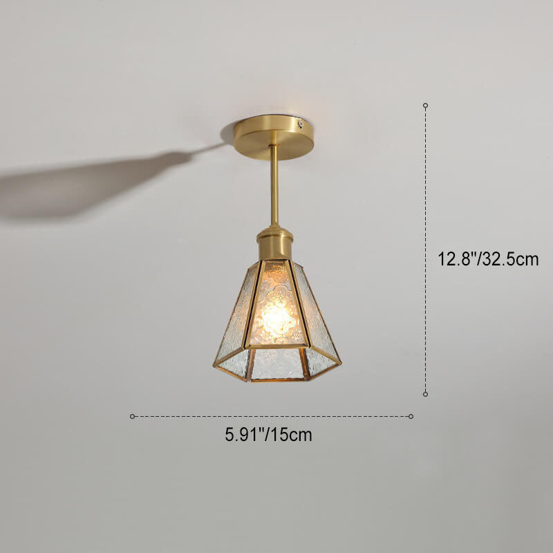 French Vintage Copper Gold Finish Frame Polygonal Glass 1-Light Semi-Flush Mount Ceiling Light