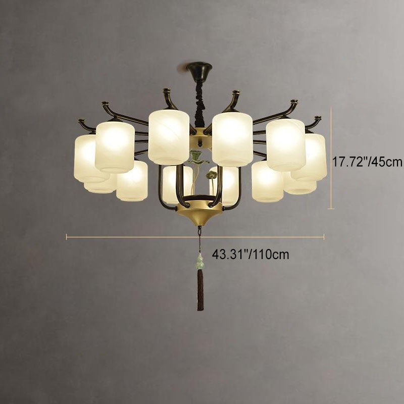 Traditional Chinese Iron Frame Cylinder Glass Shade 6/8/10/12-Light Chandelier For Living Room