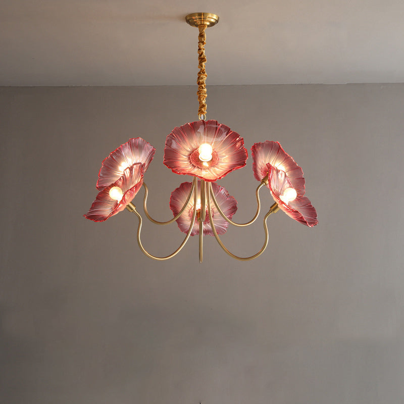 Traditional Vintage Gold Finish Frame Flower Glass Shade 6-Light Chandelier For Bedroom