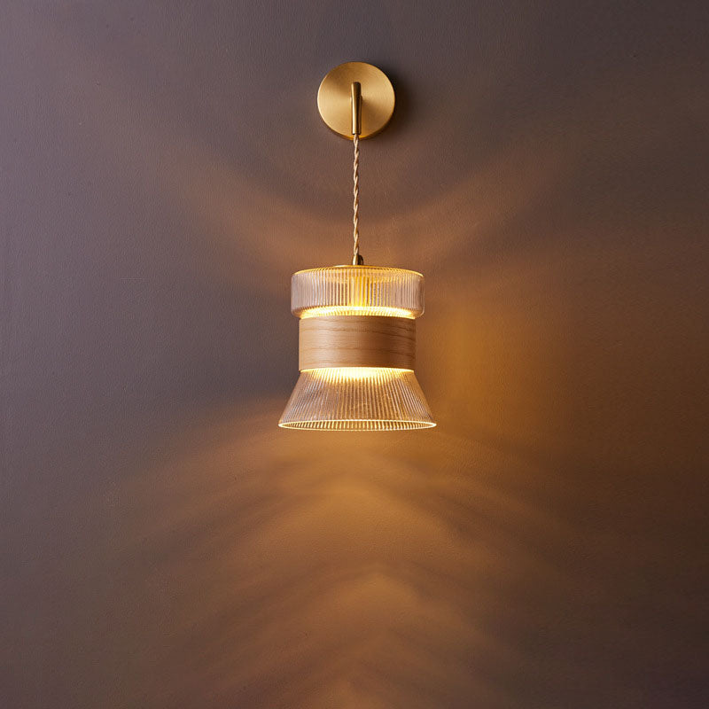 Japanese Walnut Glass Copper Cylinder 1-Light Wall Sconce Lamp