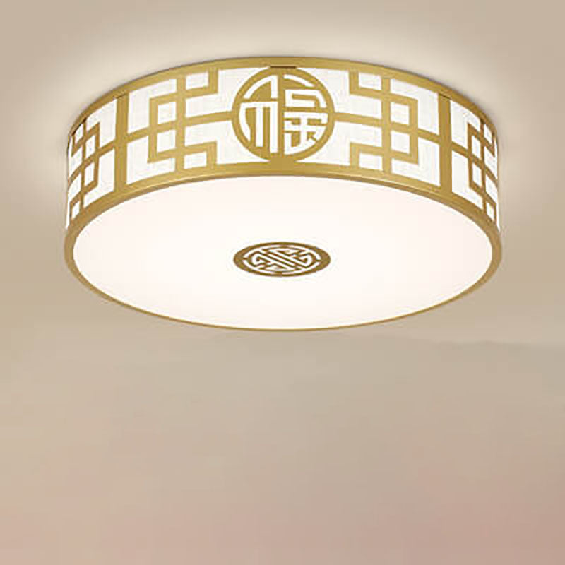 Modern New Chinese Round Fabric Drum LED Flush Mount Ceiling Light