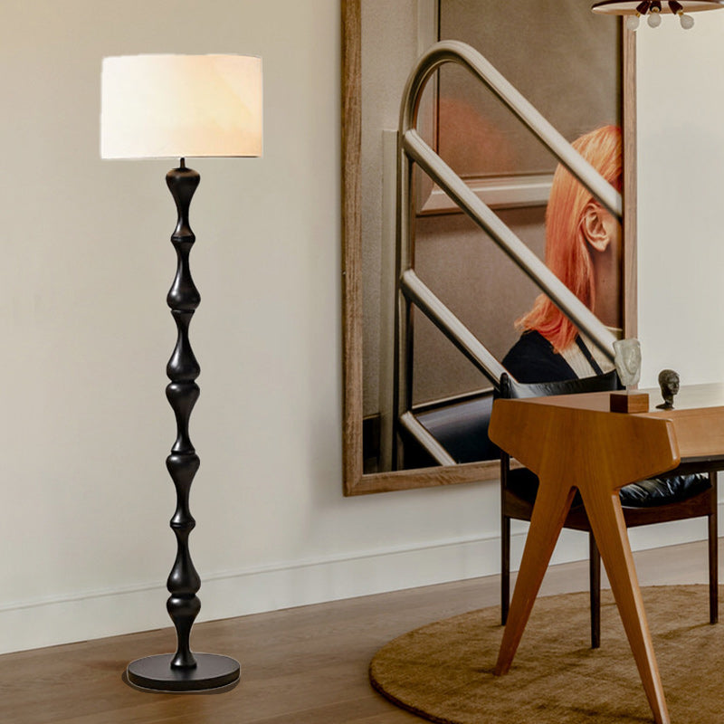 Traditional Vintage Cylindrical Solid Wood Fabric Iron 1-Light Standing Floor Lamp For Bedroom