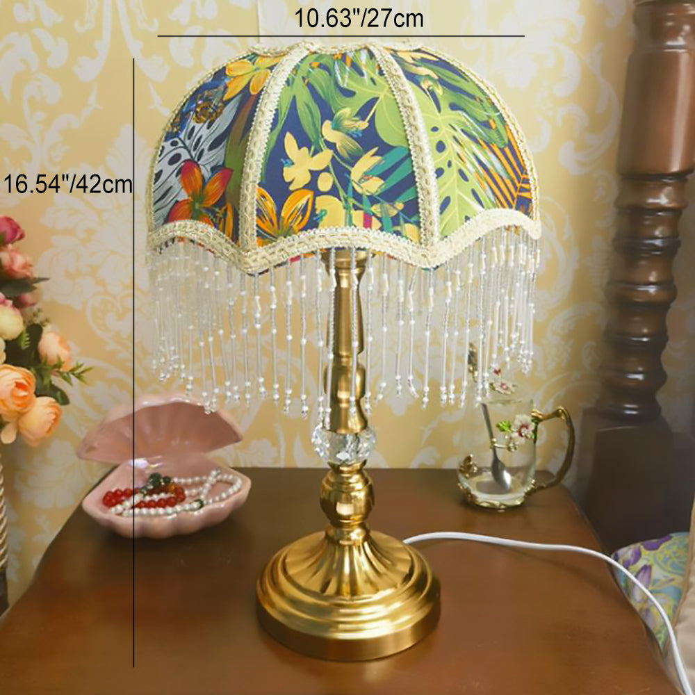 Traditional French Round Tassel Umbrella Metal Fabric 1-Light Table Lamp For Bedroom
