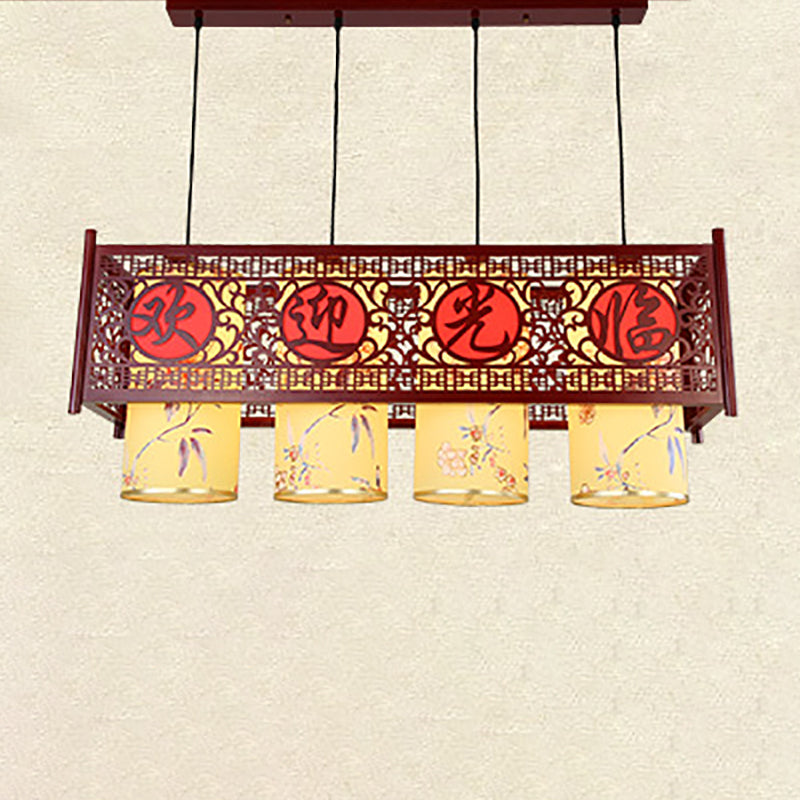 伝統的な中国製木製PVCイミテーションシープスキン長方形シリンダー4ライトシャンデリア(ダイニングルーム用)