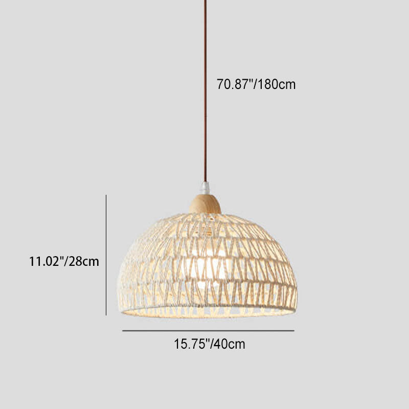 Contemporary Boho Wood Rattan Weaving Dome 1-Light Pendant Light For Dining Room