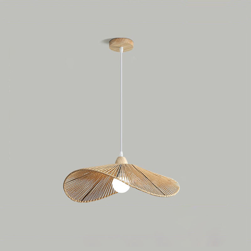 Traditional Vintage Wood Paper Rope Weaving Straw Hat Shape 1-Light Pendant Light For Living Room