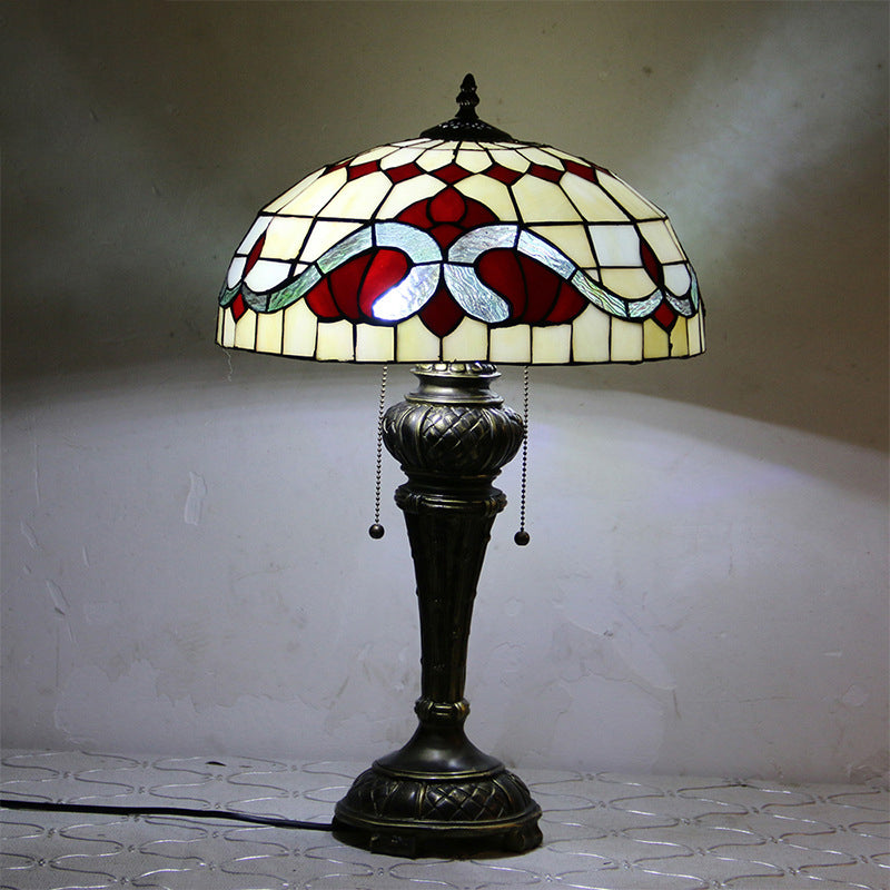 Traditional Tiffany Resin Glass Dome Hemispheric Flower 2-Light Table Lamp For Bedside